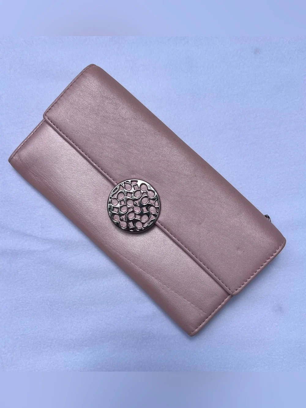 Coach Y2K era Blush Pink Tri-Fold Wallet with Round Silver C Emblem Buckle